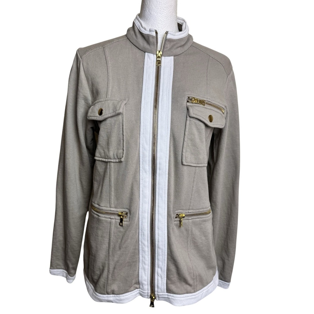 DG2 Diane Gilman Size S Women's Jacket Taupe White Trim Gold Zippers Knit Pocket